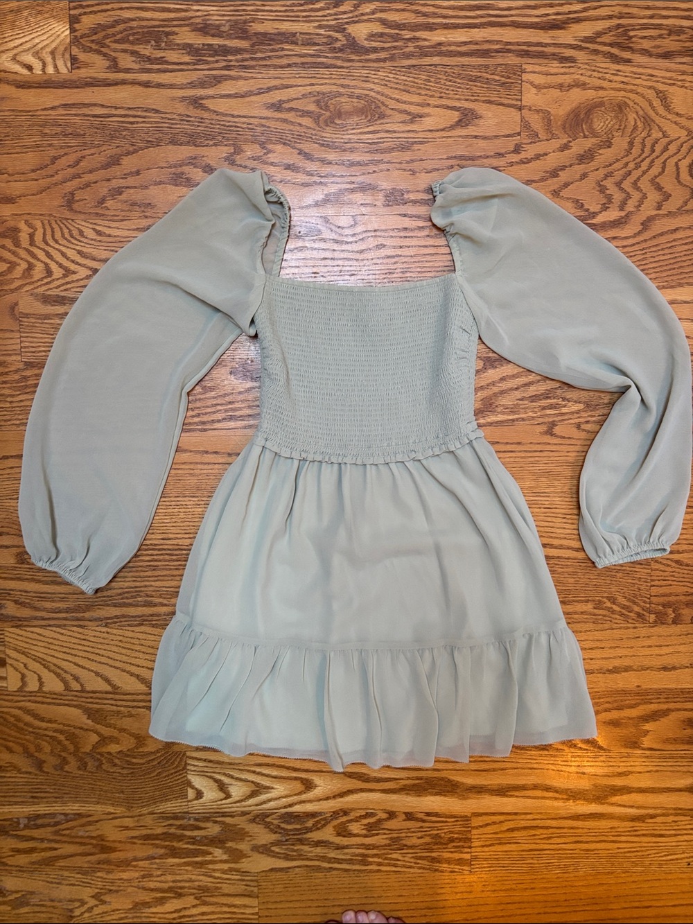 Wilfred Sage Green Smocked Puff-Sleeve Mini Dress